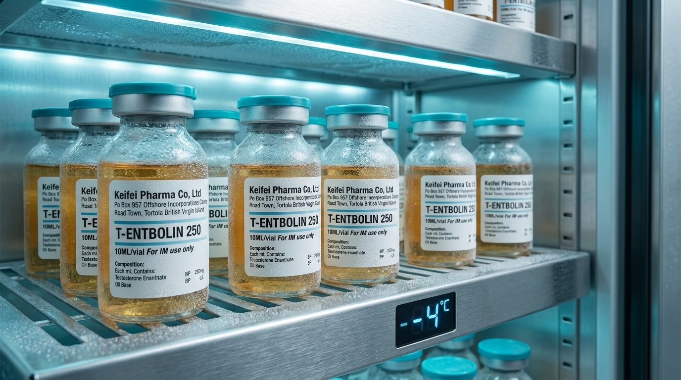 KEIFEI vials on a temperature-controlled shelf under cold-chain conditions